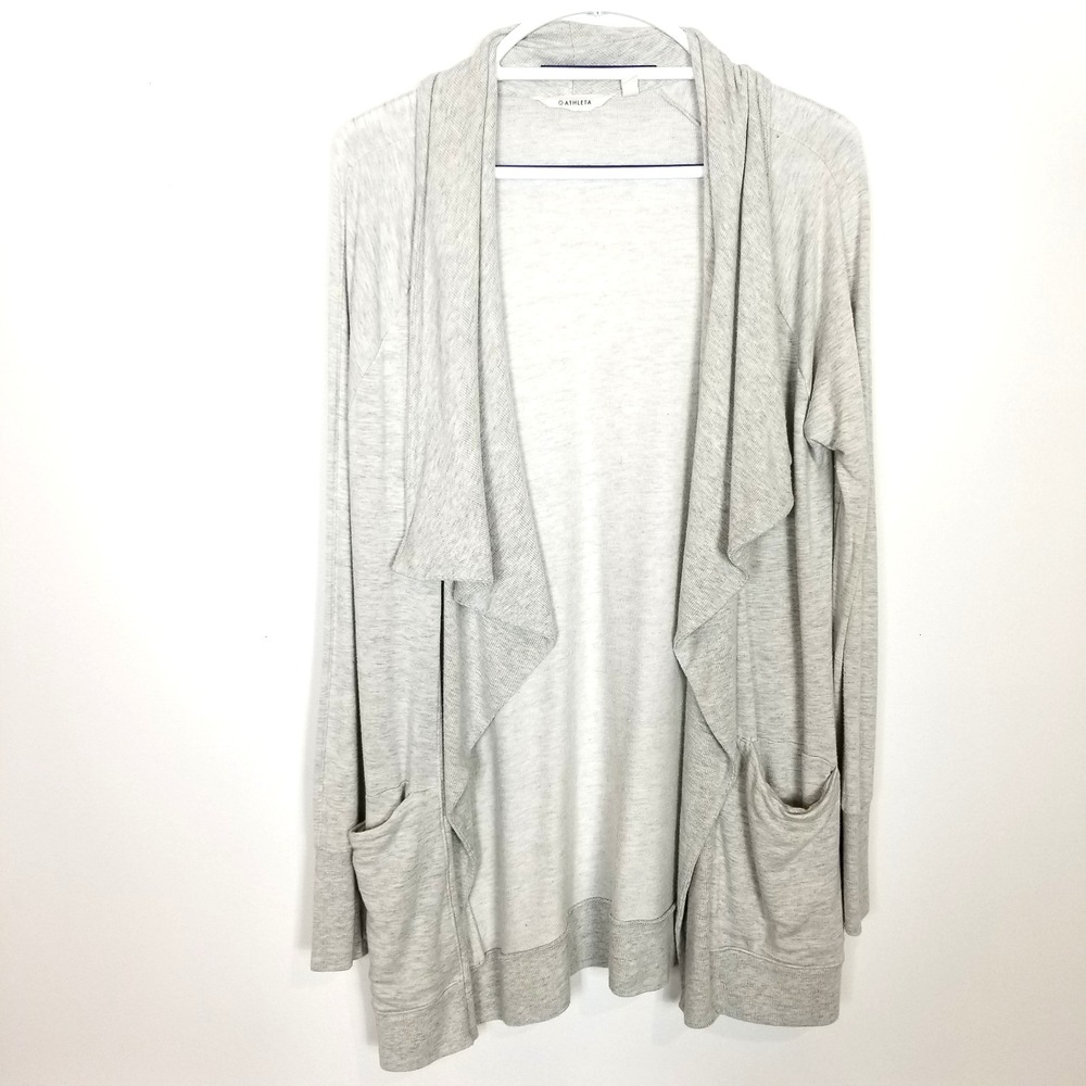 Athleta Women Studio Wrap Cardigan Sweater Sz M Gray Pockets Athletic Casual